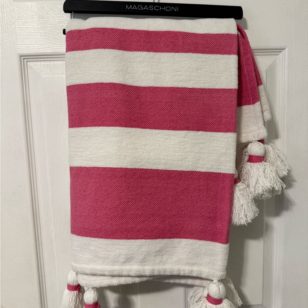 BEACH BLANKET, cute and trendy.  Magaschoni Fuchsia and Cream Striped Blanket.